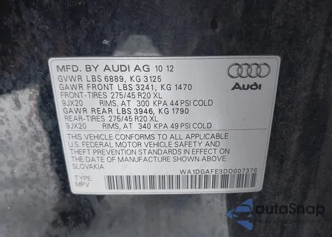 2013 Audi Q7 3.0T S Line Prestige из США, поврежденный, VIN WA1DGAFE3DD007376